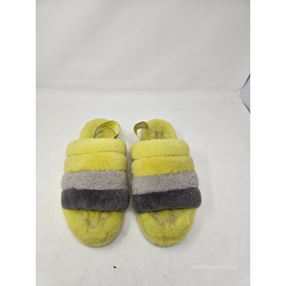 UGG Fluff Yeah Slide Lime Green Grey Striped Platform Sandals Women's Size 10